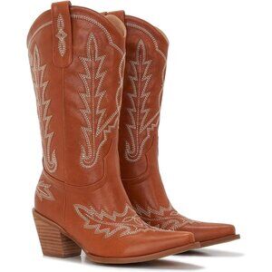 ⚡Women Cognac Brown Faux Leather Wood Grain Chunky Heel  Cowgirl Boots